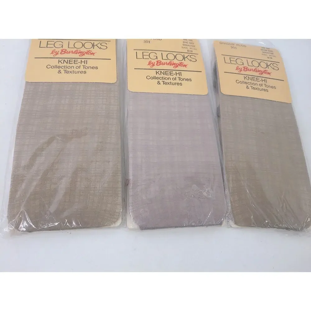Vtg Leg Looks By Burlington Knee Hi Collection Shadow Plaid Grey Olive Set 3